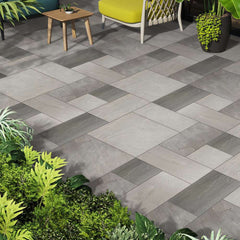 Kandla Grey Riven Sandstone Mixed Patio Paving Slabs 18mm