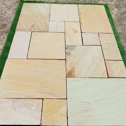 Fossil Mint Riven Sandstone Mixed Patio Paving Slabs
